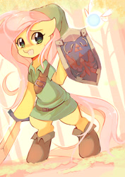 Size: 2975x4200 | Tagged: safe, artist:pekou, derpibooru import, fluttershy, pegasus, pony, absurd resolution, bipedal, clothes, crossover, cute, fairy, female, hat, hylian shield, link, mare, navi, nintendo, shield, shyabetes, solo, sword, the legend of zelda, tunic, video game, weapon