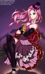 Size: 1636x2648 | Tagged: safe, artist:fluffydus, fluttershy, human, clothes, dress, evening gloves, gloves, hat, humanized, latex, necktie, night, plushie, socks, solo, stars, thigh highs