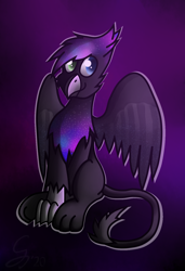 Size: 1028x1500 | Tagged: safe, artist:somber, derpibooru import, oc, oc only, griffon, colored, cute, ethereal mane, galaxy colors, galaxy mane, griffon oc, male, shadow, solo