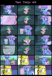 Size: 2000x2880 | Tagged: safe, artist:kwark85, derpibooru import, spike, trixie, twilight sparkle, unicorn twilight, dragon, pony, unicorn, comic:tiny twily, comic, female, magic, mare, pony in a bottle, royal guard, telekinesis