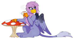 Size: 1216x657 | Tagged: safe, artist:acuteapoot, derpibooru import, oc, oc only, oc:lady fialova, griffon, food, griffon oc, mushroom table, simple background, sitting, solo, tea, transparent background