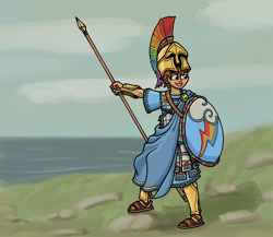 Size: 1000x868 | Tagged: safe, artist:sensko, derpibooru import, rainbow dash, human, anabasis, greek, greek helmet, helmet, hoplite, humanized, ocean, shield, solo, spear, weapon, xenophon