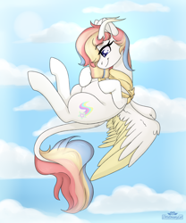 Size: 2500x3000 | Tagged: safe, artist:dreamy, artist:littledreamycat, oc, oc:rainbow dreams, pegasus, pony, belly, commission, female, floating, flying, hoof on belly, horn, leonine tail, looking at belly, mare, multicolored hair, pregnant, rainbow hair, ribbon, sky, two toned wings, wings