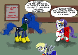 Size: 862x610 | Tagged: safe, artist:matt-doyle, derpy hooves, princess luna, rarity, pony, unicorn, boots, clothes, cosplay, costume, dress, sailor, sailor moon, sailor scout, voice actor joke