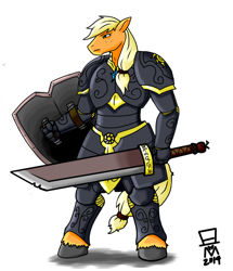 Size: 782x911 | Tagged: safe, artist:mangameister, derpibooru import, applejack, anthro, fantasy class, knight, shield, sword, warrior