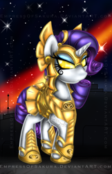 Size: 1972x3042 | Tagged: safe, artist:empressofsakura, derpibooru import, rarity, pony, unicorn, armor, female, mare, shield, solo, watermark