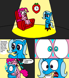 Size: 1920x2160 | Tagged: safe, artist:blackrhinoranger, derpibooru import, pinkie pie, trixie, earth pony, pony, chair, clock, comic, crying, dialogue, ed edd n eddy, hug, rock-a-bye ed, screaming, speech bubble, stool, strawberry clock, sweat