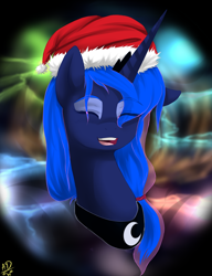 Size: 1660x2160 | Tagged: safe, artist:amazingdawnwolf, princess luna, alicorn, pony, eyes closed, hat, portrait, santa hat, solo