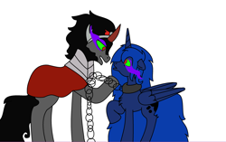 Size: 3157x1985 | Tagged: safe, artist:1234zxc, king sombra, princess luna, alicorn, pony, unicorn, chains, female, lumbra, male, shipping, simple background, straight