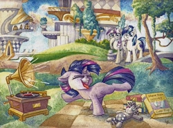 Size: 1024x756 | Tagged: safe, artist:the-wizard-of-art, shining armor, smarty pants, twilight sparkle, twilight velvet, pony, unicorn, :<, adorkable, book, canterlot, cute, dancing, do the sparkle, dork, eyes closed, female, filly, fluffy, frown, laughing, male, mare, music, open mouth, phonograph, picnic, raised hoof, raised leg, record player, shining adorable, smiling, stallion, tongue out, traditional art, twiabetes, velvetbetes, watercolor painting, weapons-grade cute