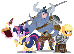 Size: 1200x869 | Tagged: safe, artist:pixelkitties, derpibooru import, applejack, iron will, twilight sparkle, twilight sparkle (alicorn), alicorn, earth pony, pony, armor, crossover, dragon age, dragon age: inquisition, eyepatch, female, levitation, magic, magic aura, male, mare, nose piercing, nose ring, piercing, quill, shield, simple background, sword, telekinesis, the iron bull, transparent background, trio, weapon