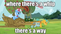 Size: 1440x815 | Tagged: safe, derpibooru import, edit, edited screencap, screencap, snails, snips, trixie, pony, unicorn, magic duel, 1980's, abuse, alicorn amulet, amulet, apple tree, bucktooth, bullwhip, caption, chariot, child abuse, colt, don't trust wheels, eyes closed, female, foal, glowing horn, harness, image macro, jewelry, lord of the rings, magic, magic abuse, magic aura, male, mare, pulling, rankin/bass, return of the king, slavery, straining, tack, telekinesis, text, tree, whip, whipping