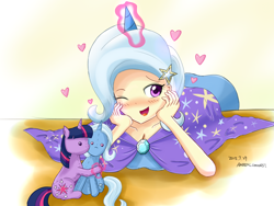 Size: 1600x1200 | Tagged: safe, artist:vanillafox2035, derpibooru import, trixie, twilight sparkle, human, blushing, cleavage, cute, female, horned humanization, humanized, lesbian, magic, plushie, shipper on deck, shipping, twixie