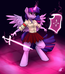 Size: 3000x3400 | Tagged: safe, artist:tallaferroxiv, twilight sparkle, twilight sparkle (alicorn), alicorn, anthro, unguligrade anthro, armband, clothes, levitation, magic, school uniform, shield, skirt, solo, sword