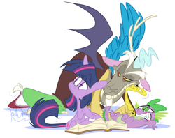 Size: 802x636 | Tagged: safe, artist:kendraw, derpibooru import, discord, spike, twilight sparkle, dragon, book