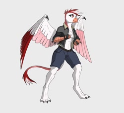 Size: 934x856 | Tagged: safe, artist:akweer, derpibooru import, oc, oc only, oc:hera sinclair, anthro, digitigrade anthro, griffon, anthro oc, clothes, female, gray background, griffon oc, jacket, open jacket, shorts, sierra nevada, simple background, solo