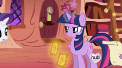 Size: 640x360 | Tagged: safe, derpibooru import, screencap, rarity, twilight sparkle, pony, unicorn, the ticket master, ei, hub logo