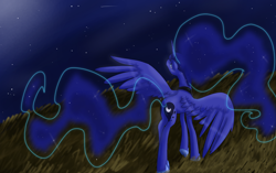 Size: 1280x804 | Tagged: safe, artist:freerainclouds, princess luna, alicorn, pony, moon, night, plot, solo, spread wings