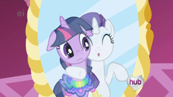 Size: 640x360 | Tagged: safe, derpibooru import, screencap, rarity, twilight sparkle, pony, unicorn, the ticket master, ei, hub logo, saddle, tack