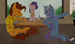 Size: 1500x871 | Tagged: safe, artist:radioactive nero, derpibooru import, cheese sandwich, rarity, trixie, earth pony, pony, unicorn, cape, cider, clothes, laughing, leonine tail, no pupils, shirt, sitting, tankard