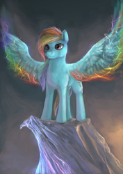 Size: 900x1272 | Tagged: safe, artist:elkaart, rainbow dash, pegasus, pony, badass, epic, lightning, solo, spread wings, wings