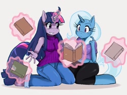 Size: 2602x1951 | Tagged: safe, artist:ss2sonic, derpibooru import, princess celestia, trixie, twilight sparkle, anthro, unguligrade anthro, unicorn, book, breasts, clothes, duo, female, headlight sparkle, magic, sweat, titsie