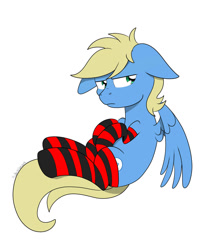 Size: 1024x1229 | Tagged: safe, artist:theartistsora, oc, oc only, oc:synthis, clothes, floppy ears, folded wings, music, socks, striped socks, thigh highs, upset