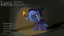 Size: 1050x600 | Tagged: safe, artist:coffeemunch, princess luna, alicorn, pony, cape, clothes, filly, hat, magic, make it happen, solo, telekinesis, torch, video game, woona