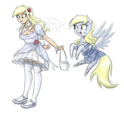 Size: 1280x1201 | Tagged: safe, artist:king-kakapo, derpy hooves, human, pony, bell collar, cleavage, clothes, collar, dress, female, human ponidox, humanized, mary janes, purse, shoes, simple background, skirt, smiling, socks, thigh highs, white background, zettai ryouiki