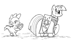 Size: 900x535 | Tagged: safe, artist:sovwi, spike, twilight sparkle, dragon, pony, armor, black and white, coconut, duo, fantasy class, female, grayscale, knight, lineart, male, mare, monochrome, monty python, monty python and the holy grail, raised hoof, shield, simple background, warrior, white background