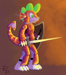 Size: 1500x1700 | Tagged: safe, artist:ruberphoenix, spike, dragon, armor, dragon knight, epic, epic spike, handsome, knight, older, older spike, shield, solo, sword