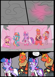 Size: 697x967 | Tagged: safe, artist:metal-kitty, derpibooru import, big macintosh, derpy hooves, fluttershy, rainbow dash, twilight sparkle, twilight sparkle (alicorn), alicorn, pegasus, pony, barrier, comic, crossover, derpy soldier, female, force field, heavy, heavy mac, mann vs machine, mare, medic, rainbow scout, scout, shield, sniper, snipershy, soldier, team fortress 2, twi medic