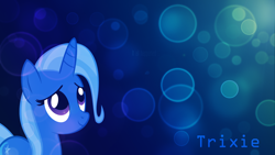 Size: 1920x1080 | Tagged: safe, artist:ponycommans, derpibooru import, trixie, pony, unicorn, bubble, female, mare, simple background, smiling, vector, wallpaper