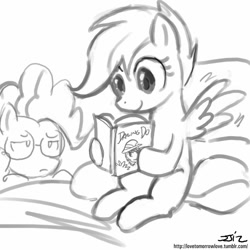 Size: 850x850 | Tagged: safe, artist:johnjoseco, daring do, pinkie pie, scootaloo, earth pony, pony, bed, book, glasses, grayscale, monochrome, pinkie pie solutions, reading