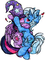 Size: 1236x1646 | Tagged: safe, artist:iroxykun, derpibooru import, trixie, twilight sparkle, twilight sparkle (alicorn), alicorn, pony, unicorn, accessory swap, blushing, cutie mark, exclamation point, female, hat, heart, kissing, lesbian, shipping, twixie