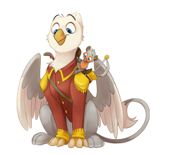 Size: 3276x2935 | Tagged: safe, artist:luximus17, derpibooru import, oc, oc:der, oc:thumbtack, griffon, birds doing bird things, clothes, cute, fitting, griffon oc, homie, rapier, simple background, small, smol, sword, transparent background, uniform, weapon