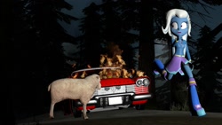 Size: 1366x768 | Tagged: safe, artist:almil53, derpibooru import, trixie, sheep, equestria girls, 3d, boots, car, christine, clothes, female, fire, forest, gmod, high heel boots, jacket, john carpenter, plymouth, plymouth fury, running, shoes, skirt, stephen king, tree