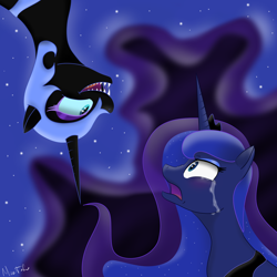 Size: 4000x4000 | Tagged: safe, artist:missitofu, nightmare moon, princess luna, alicorn, pony, absurd resolution, crying, duality, nightmare, sharp teeth