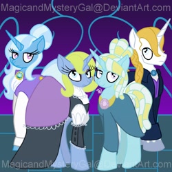 Size: 894x894 | Tagged: safe, artist:magicandmysterygal, derpibooru import, prince blueblood, trixie, oc, oc:aura spark, oc:tidal comet, pony, unicorn, bluetrix, female, male, mare, offspring, older, parent:prince blueblood, parent:trixie, parents:bluetrix, shipping, straight