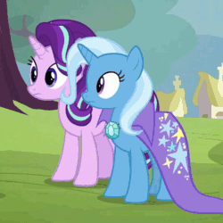 Size: 676x676 | Tagged: safe, derpibooru import, screencap, starlight glimmer, trixie, pony, animated, blinking, looking at something