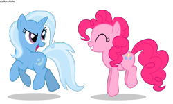 Size: 1500x900 | Tagged: safe, artist:asika-aida, derpibooru import, pinkie pie, trixie, earth pony, pony, unicorn, eyes closed, female, grin, happy, looking back, mare, open mouth, pronking, simple background, smiling, smirk, transparent background, vector