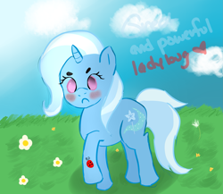 Size: 2893x2508 | Tagged: safe, artist:mermaidfarts, derpibooru import, trixie, ladybug, pony, unicorn, blushing, cloud, cloudy, female, flower, grass, mare, solo