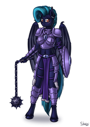 Size: 1026x1442 | Tagged: safe, alternate version, artist:skorpionletun, oc, oc only, oc:midnight chastise, anthro, bat pony, unguligrade anthro, armor, bat pony oc, bracer, captain, ear piercing, eye scar, flail, greaves, loincloth, midriff, night guard, pauldron, piercing, scar, shield, simple background, transparent background, unshorn fetlocks, weapon, ych result