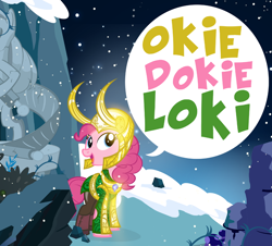 Size: 900x812 | Tagged: safe, artist:pixelkitties, pinkie pie, earth pony, pony, avengers, loki, okie doki loki, pun, solo, thor