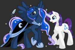 Size: 1049x706 | Tagged: safe, artist:grimdark-graveyeard, princess luna, rarity, alicorn, pony, unicorn, clothes, dress, glowing horn, magic, needle, simple background, spread wings, telekinesis, thread