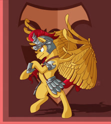 Size: 1293x1451 | Tagged: safe, artist:taledemon, flash magnus, pegasus, pony, armor, frown, netitus, shield, solo, spread wings, standing, wings