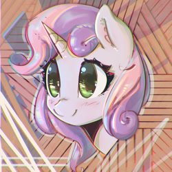 Size: 900x900 | Tagged: safe, artist:mirroredsea, sweetie belle, pony, unicorn, blushing, bust, chromatic aberration, cute, diasweetes, ear fluff, female, filly, portrait, smiling, solo