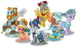 Size: 2000x1229 | Tagged: safe, artist:aleximusprime, flash magnus, meadowbrook, mistmane, rockhoof, somnambula, star swirl the bearded, earth pony, pegasus, pony, unicorn, shadow play, armor, clothes, healer's mask, mask, netitus, one eye closed, pillars of equestria, rockhoof's shovel, shield, simple background, sitting, transparent background, wink