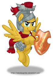 Size: 2759x3991 | Tagged: safe, artist:aleximusprime, flash magnus, pegasus, pony, campfire tales, >:), clothes, helmet, looking at you, male, netitus, shield, simple background, smiling, smirk, solo, stallion, transparent background