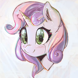 Size: 900x900 | Tagged: dead source, safe, artist:mirroredsea, sweetie belle, sweetie bot, pony, robot, robot pony, unicorn, friendship is witchcraft, blushing, bust, cute, diasweetes, female, filly, foal, horn, portrait, smiling, solo